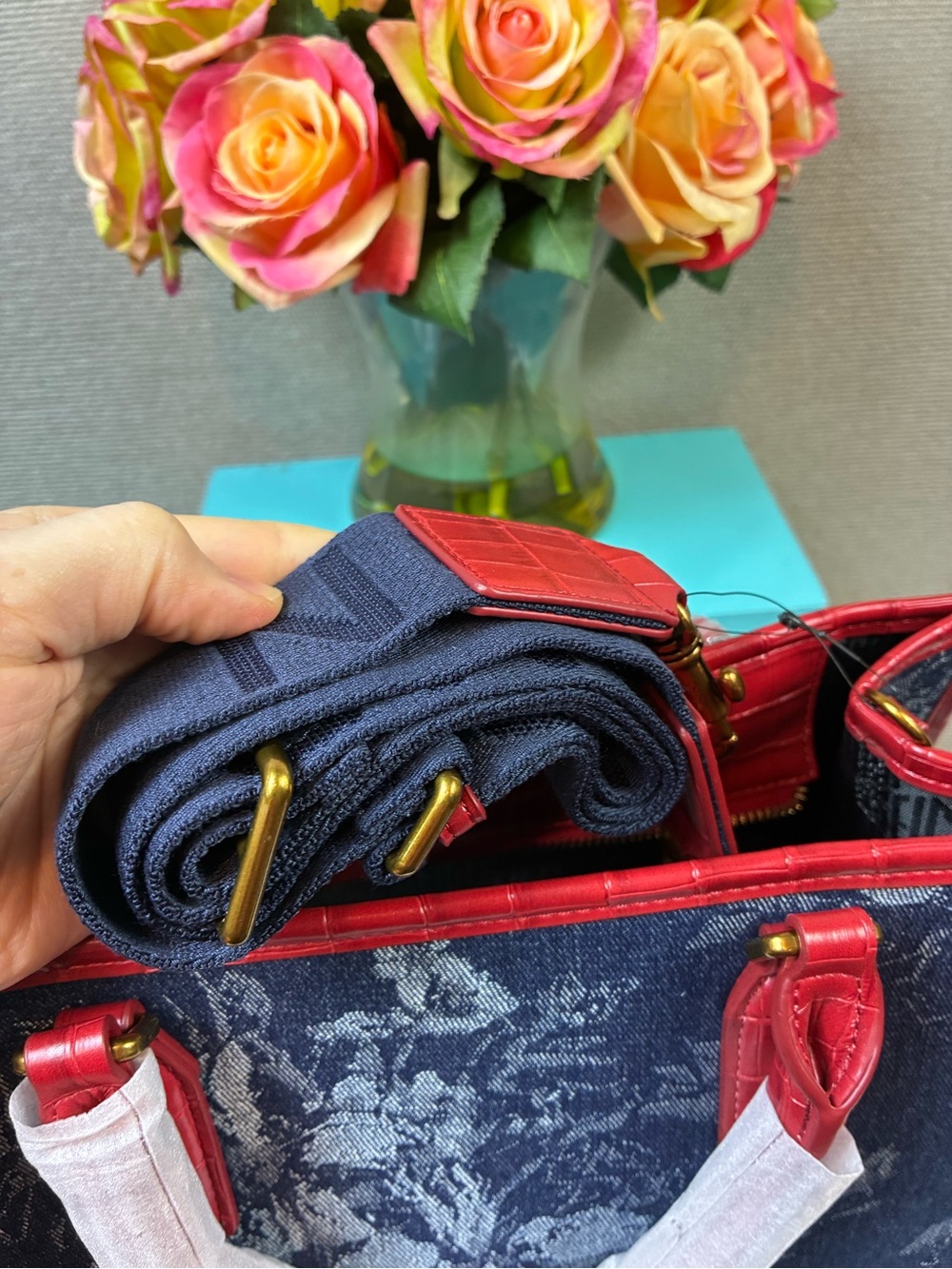 Kurt Geiger Blue Floral Denim & Red Croc Embossed Leather Chiswick Tote - NWT - Picture 9 of 12